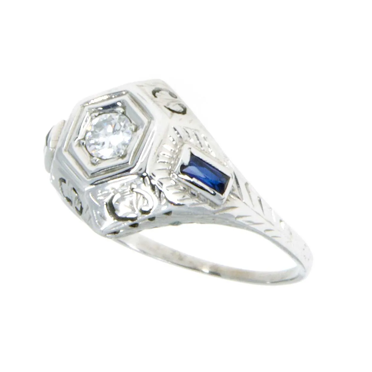 18K Art Deco Diamond & Sapphire Engagement Ring