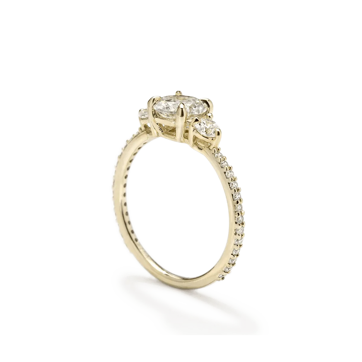 18K Gold Prong-Set Three Stone Pave Diamond Ring Mount