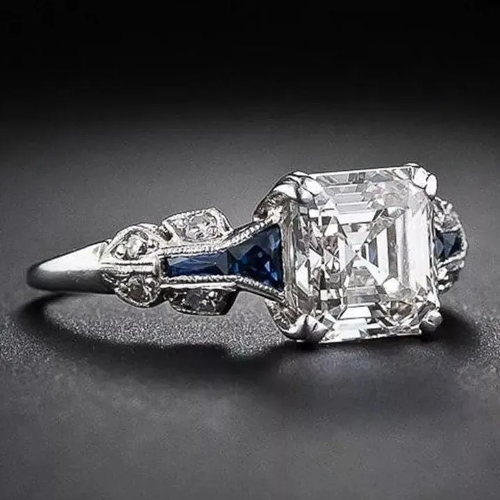 Asscher Diamond Ring | Blue Diamond Ring | Emerald Diamond Ring | Womens Engagement Ring | Asscher Ring | Womens Wedding Ring | Silver