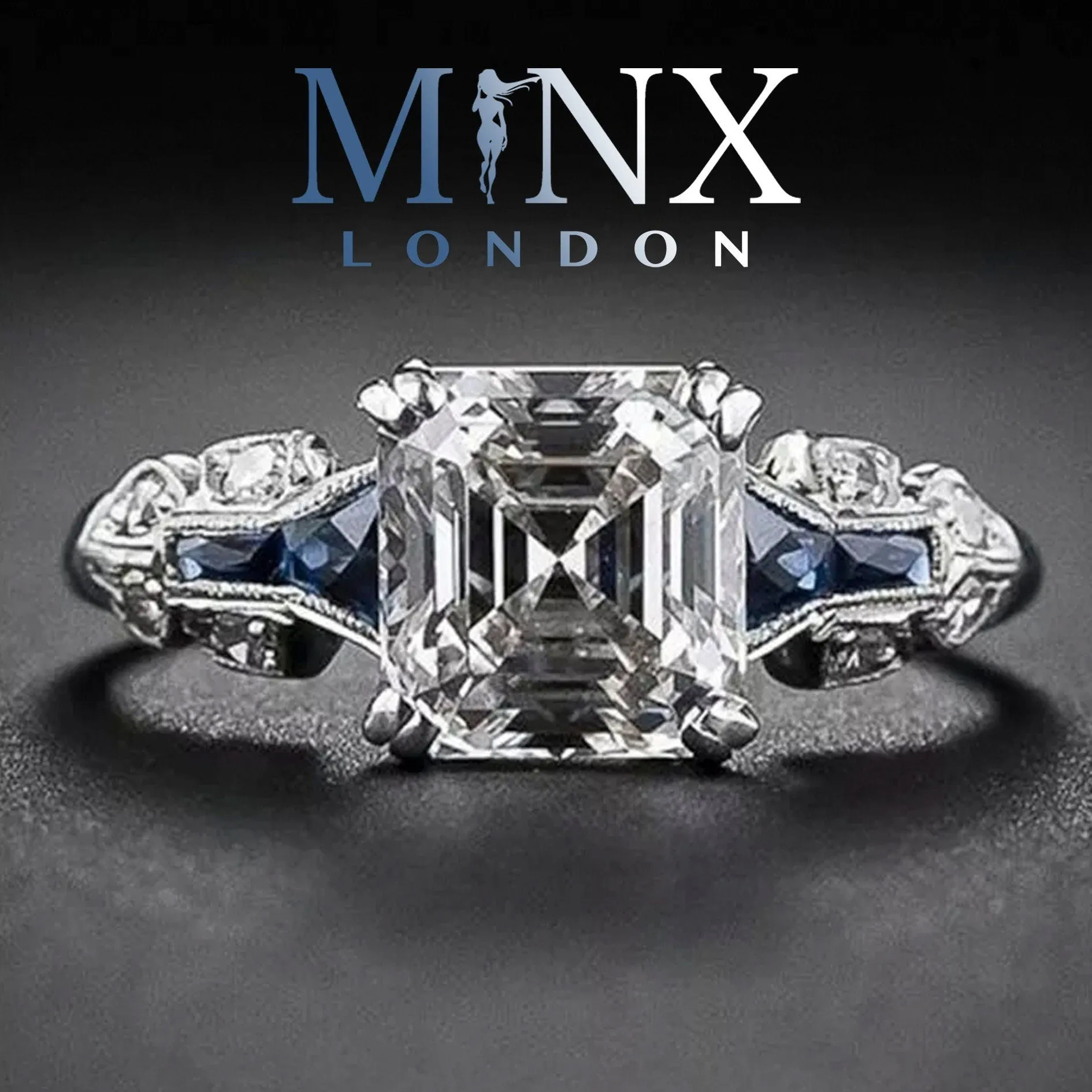 Asscher Diamond Ring | Blue Diamond Ring | Emerald Diamond Ring | Womens Engagement Ring | Asscher Ring | Womens Wedding Ring | Silver