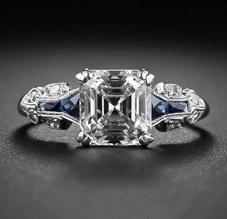 Asscher Diamond Ring | Blue Diamond Ring | Emerald Diamond Ring | Womens Engagement Ring | Asscher Ring | Womens Wedding Ring | Silver