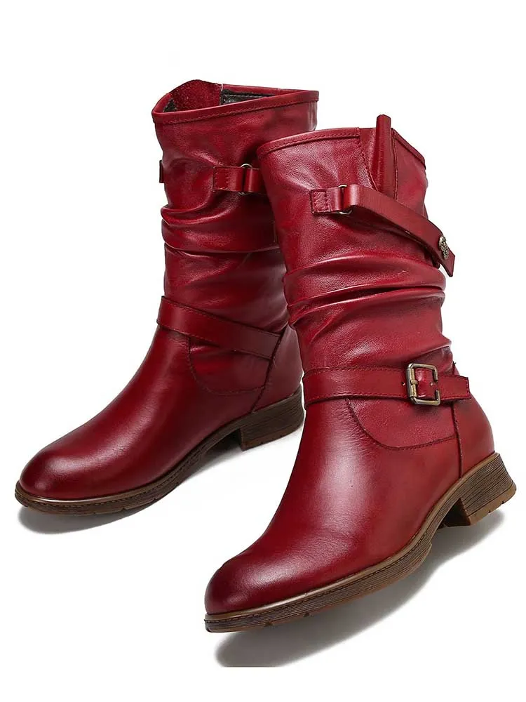 Aubrielle Retro Handmade Creased Leather Boots