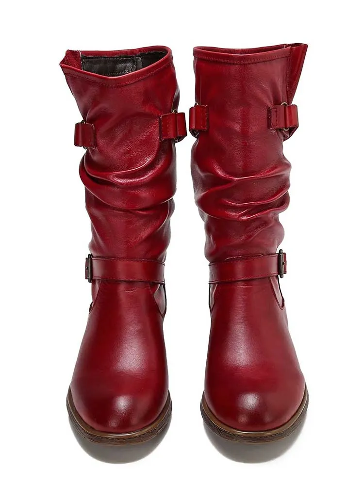 Aubrielle Retro Handmade Creased Leather Boots