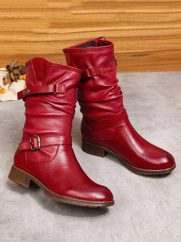 Aubrielle Retro Handmade Creased Leather Boots