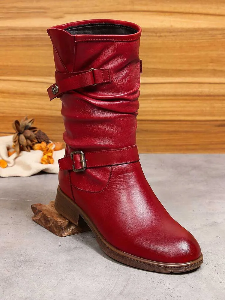 Aubrielle Retro Handmade Creased Leather Boots