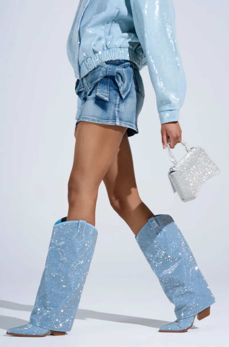 AZALEA WANG BANIAN DENIM WESTERN RHINESTONE BOOT
