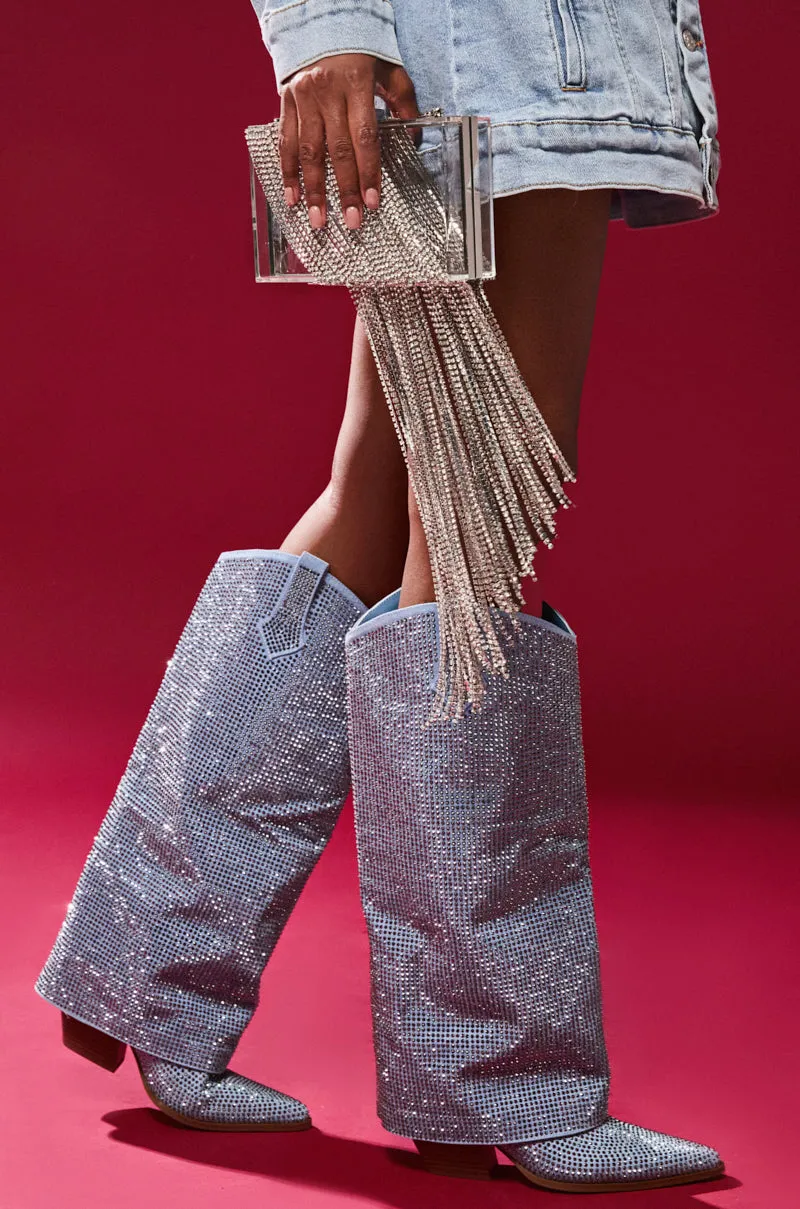 AZALEA WANG BANIAN DENIM WESTERN RHINESTONE BOOT