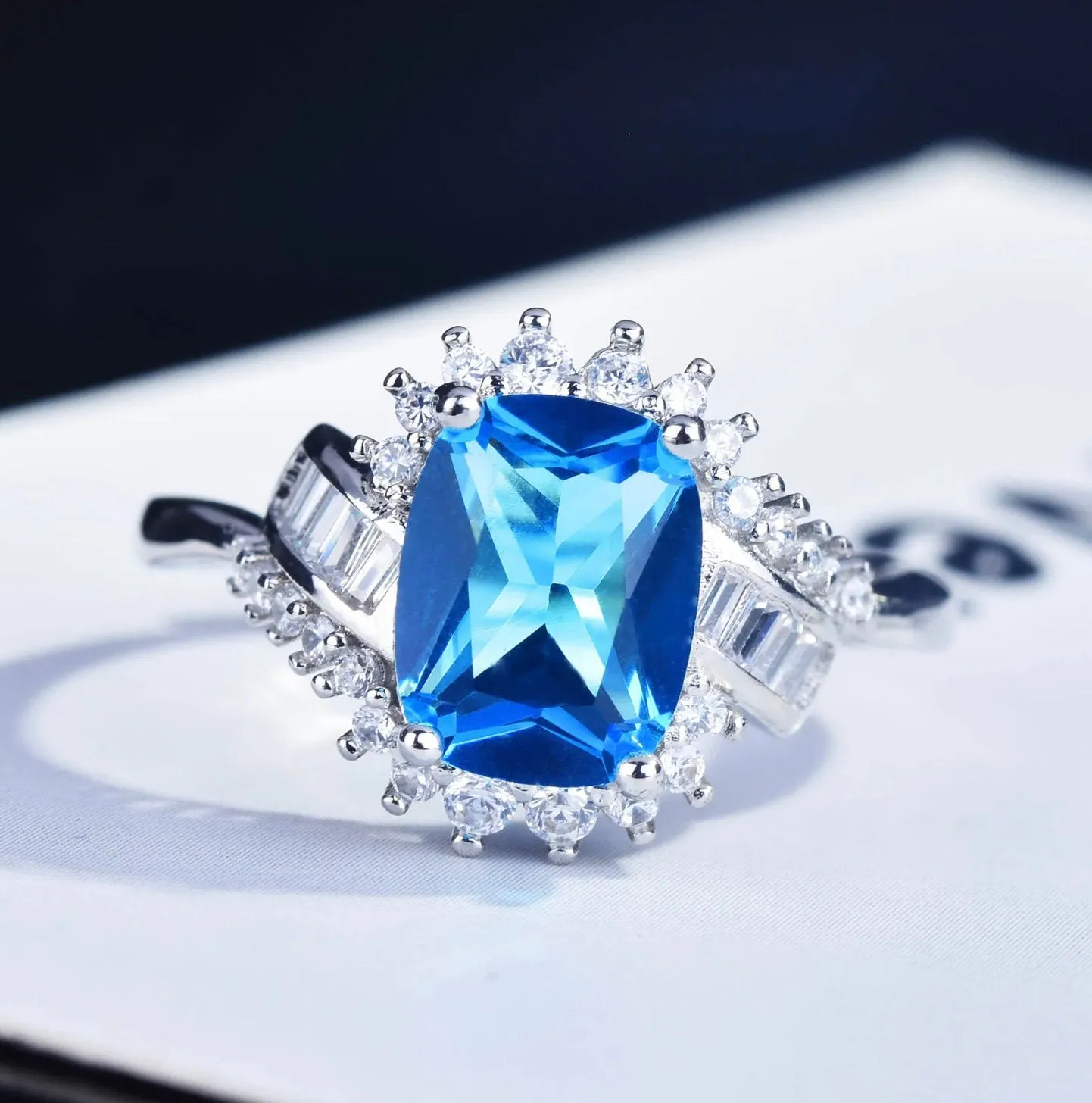 Baguette Diamond Ring | Womens Statement Ring |  Aquamarine Engagement Ring | Blue Diamond Ring | Blue Tourmaline Ring | Blue Gemstone Ring