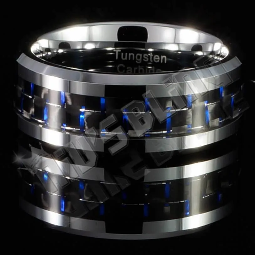 Black and Blue Carbon Fiber Silver Tungsten Carbide Ring 8MM