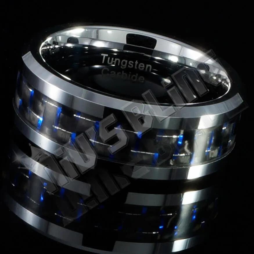 Black and Blue Carbon Fiber Silver Tungsten Carbide Ring 8MM