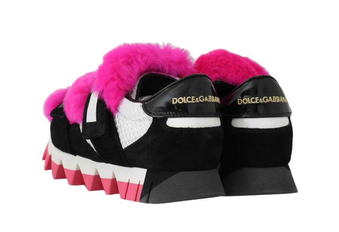 Black Leather Pink Fur Shoes Sneakers