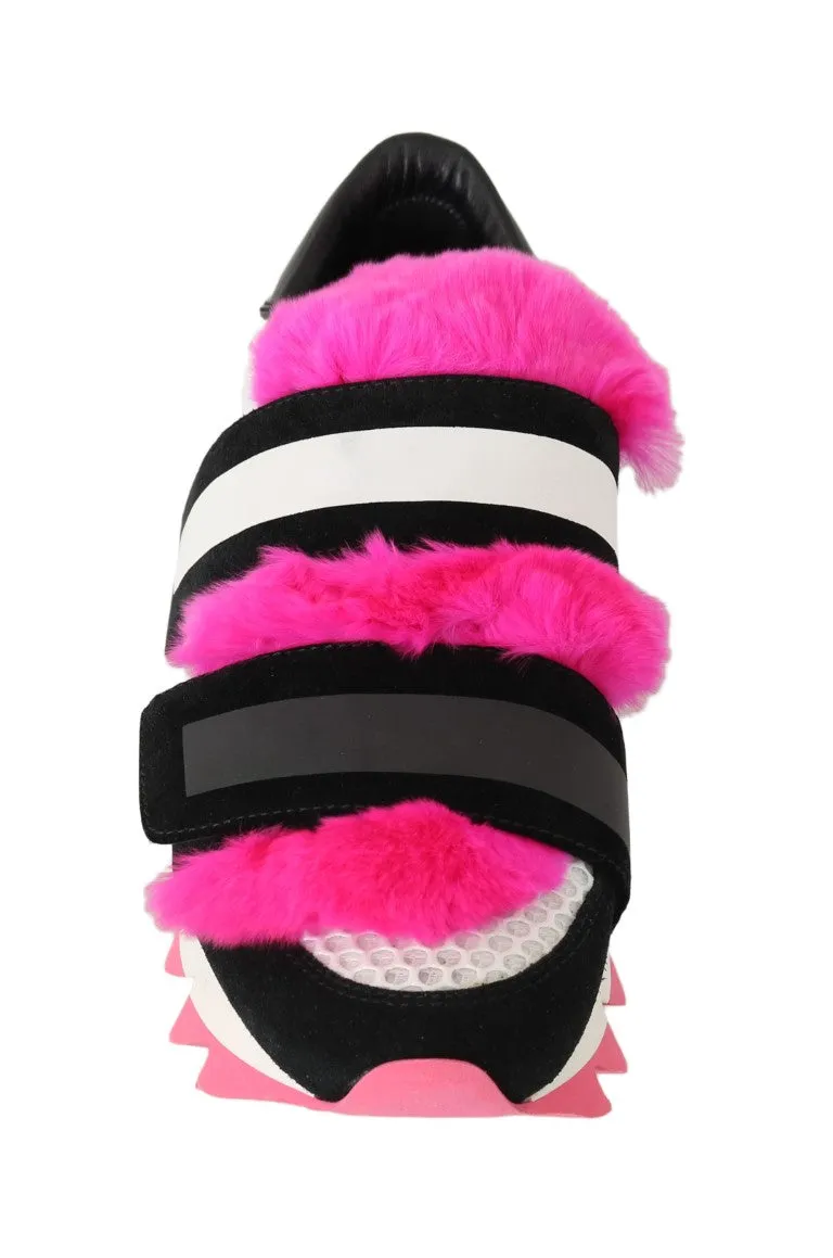Black Leather Pink Fur Shoes Sneakers