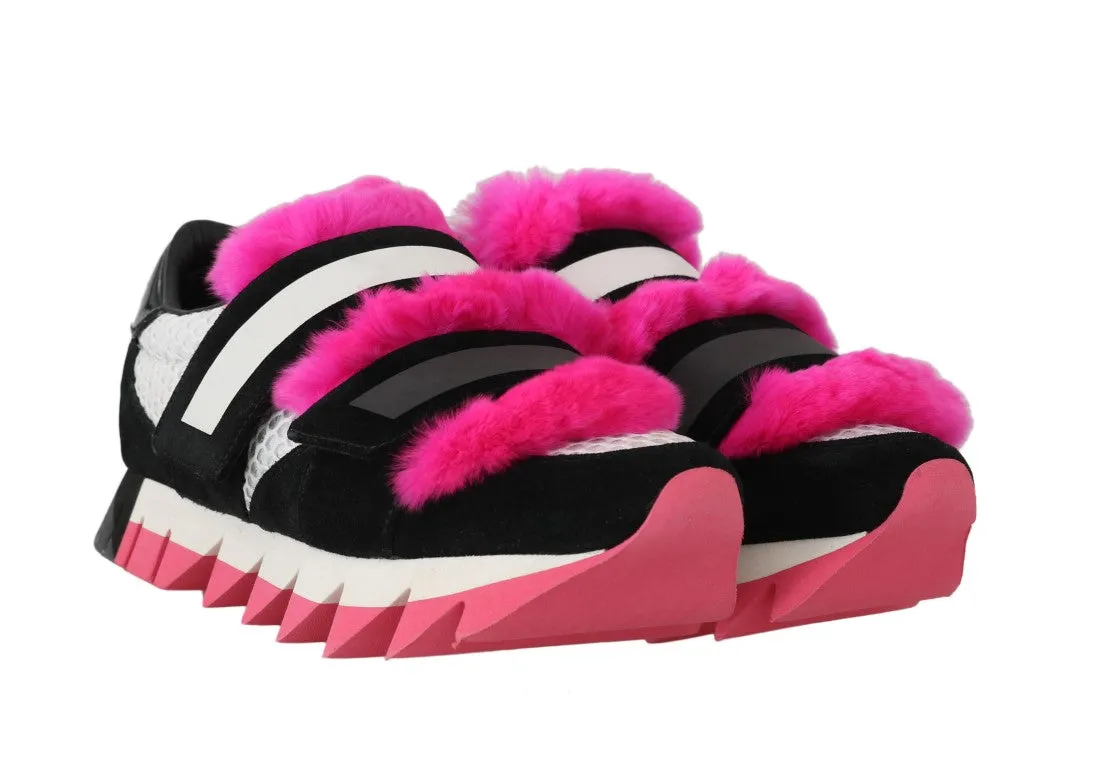 Black Leather Pink Fur Shoes Sneakers