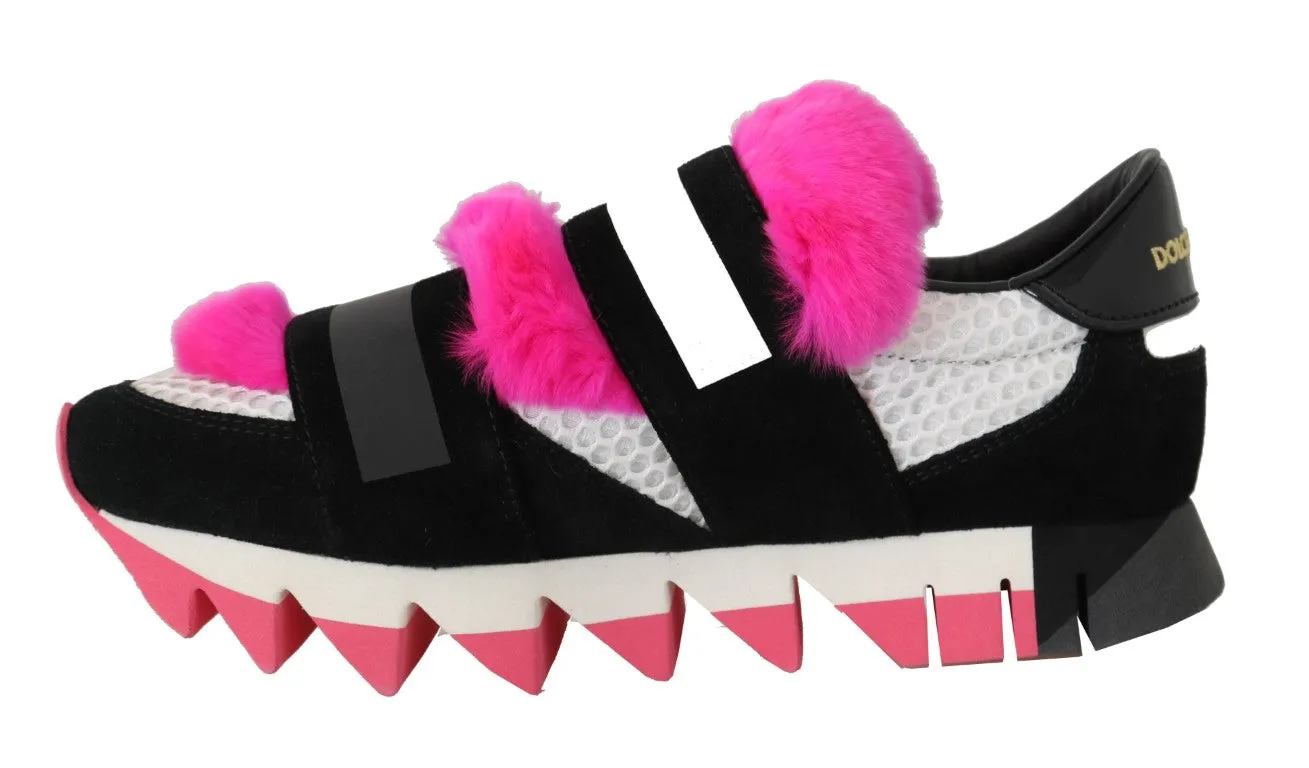 Black Leather Pink Fur Shoes Sneakers