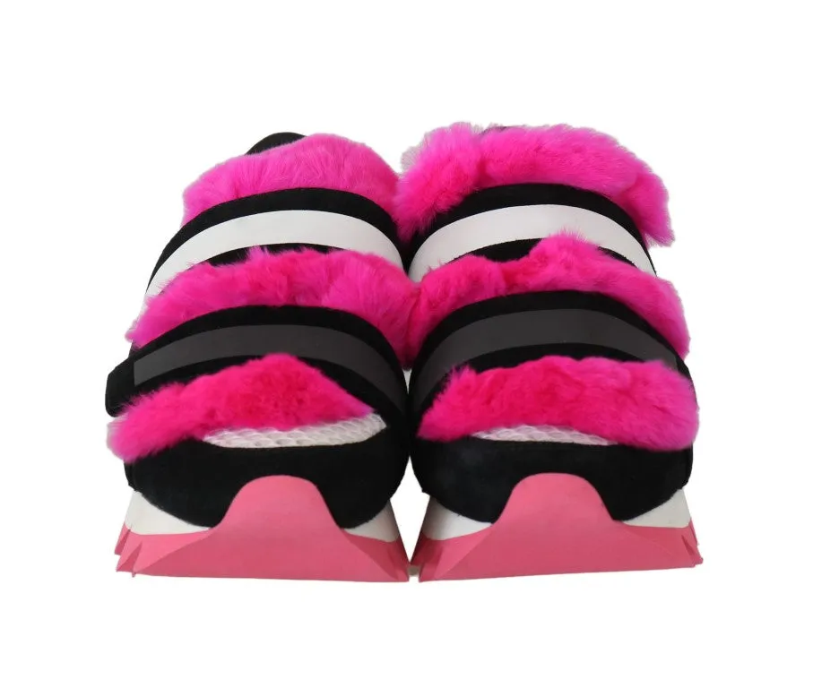 Black Leather Pink Fur Shoes Sneakers