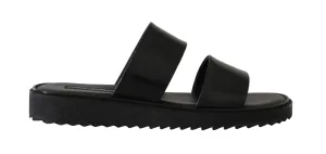 Black Leather Slides Flats Sandals