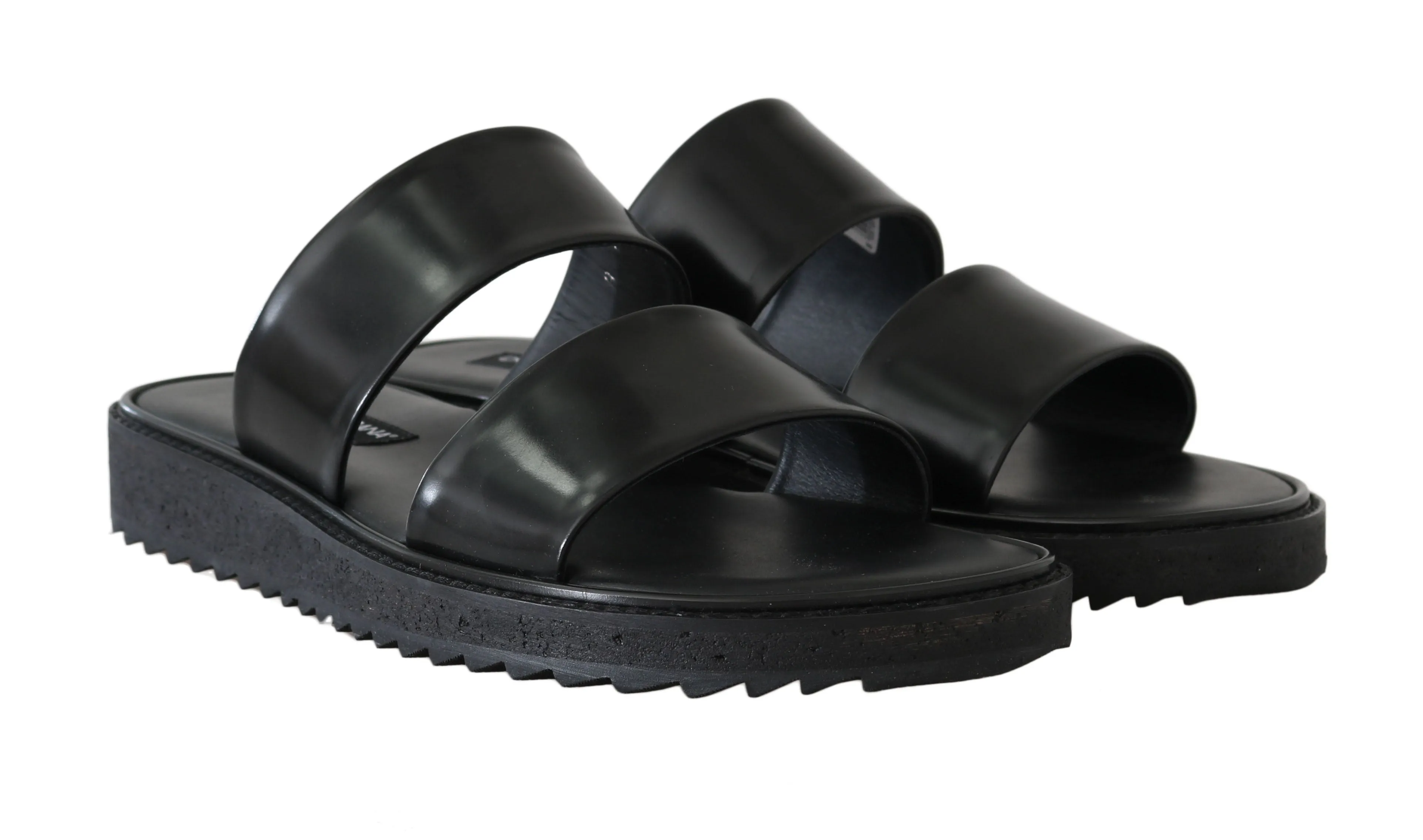 Black Leather Slides Flats Sandals