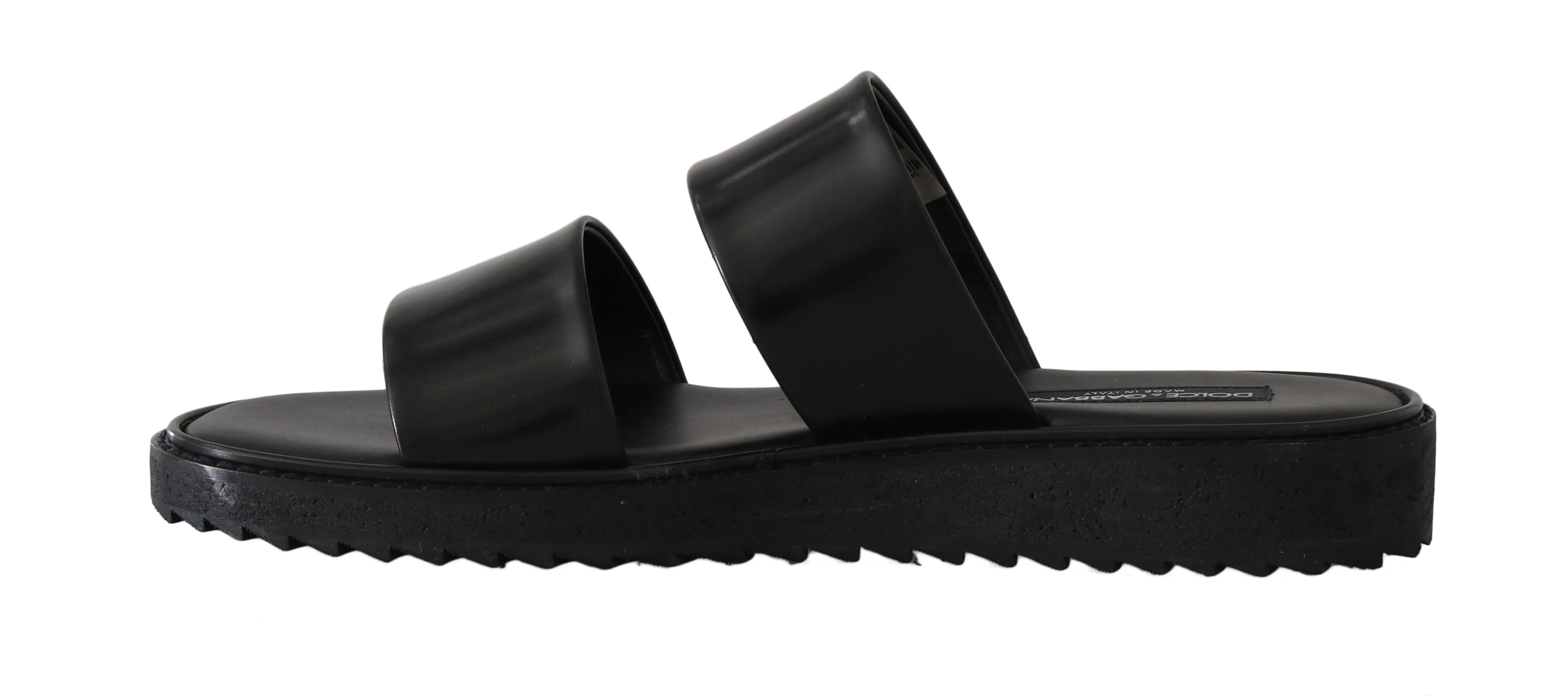 Black Leather Slides Flats Sandals
