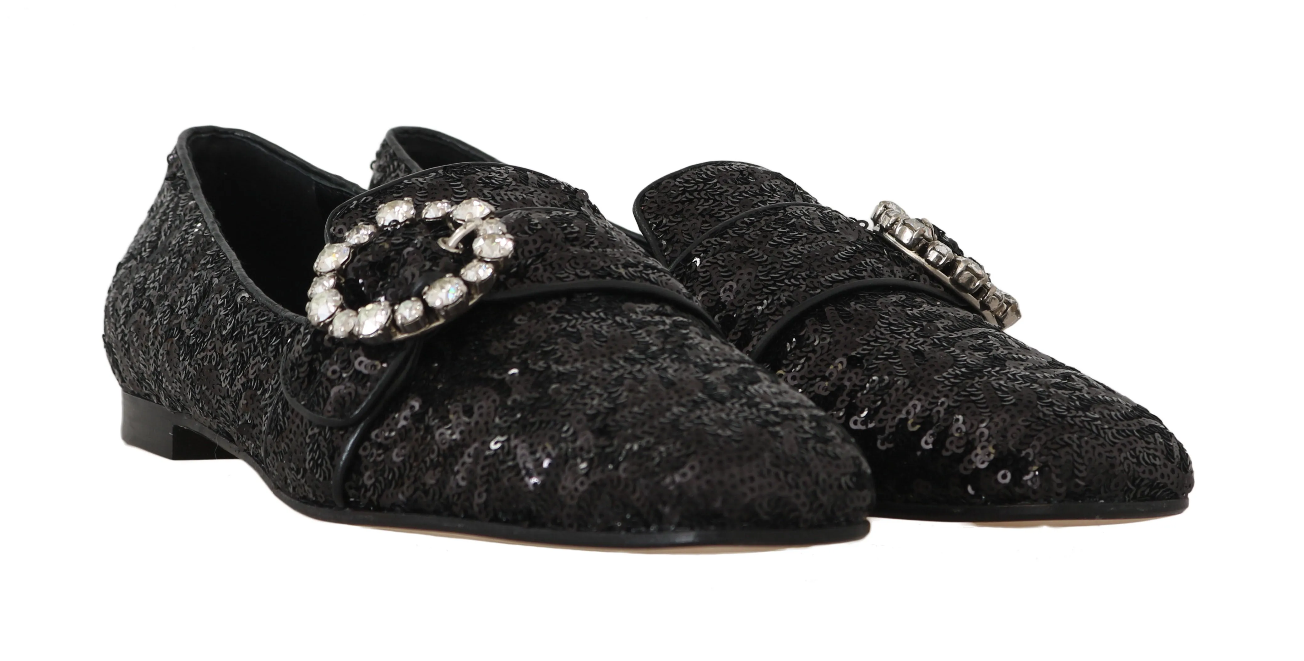 Black Sequined Flats Crystal Loafers Shoes