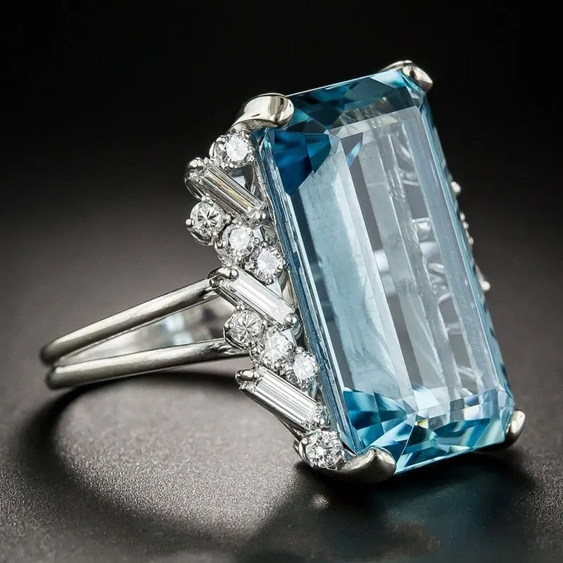 Blue Aquamarine Gemstone Ring Women Engagement Jewelry