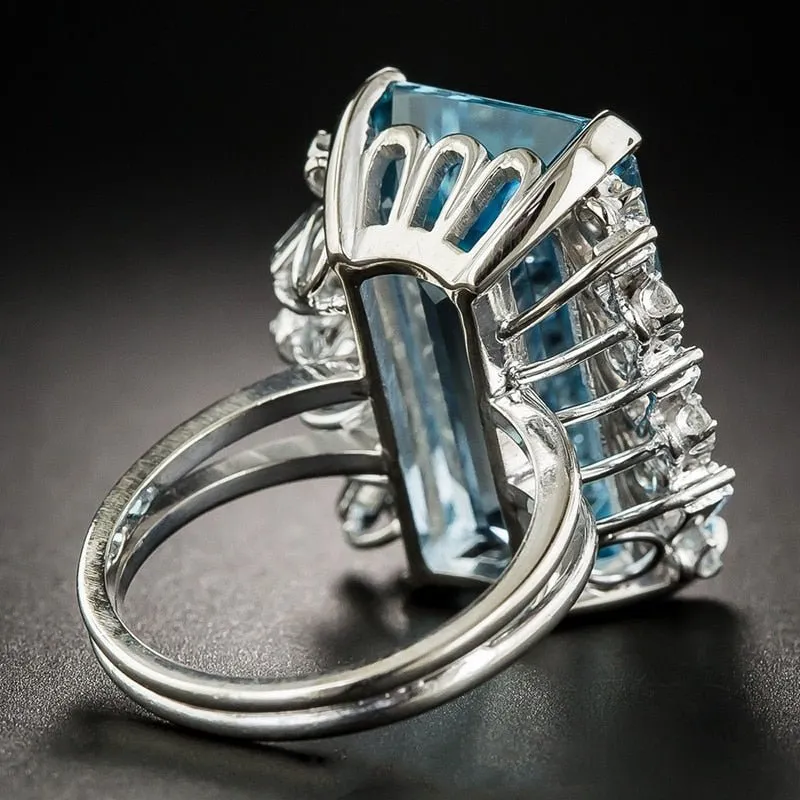 Blue Aquamarine Gemstone Ring Women Engagement Jewelry