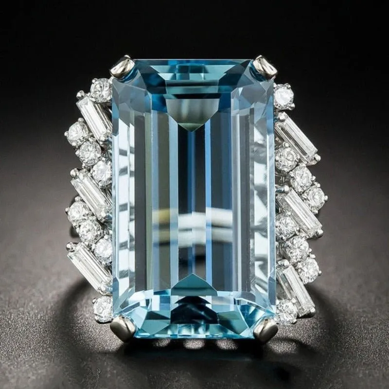 Blue Aquamarine Gemstone Ring Women Engagement Jewelry