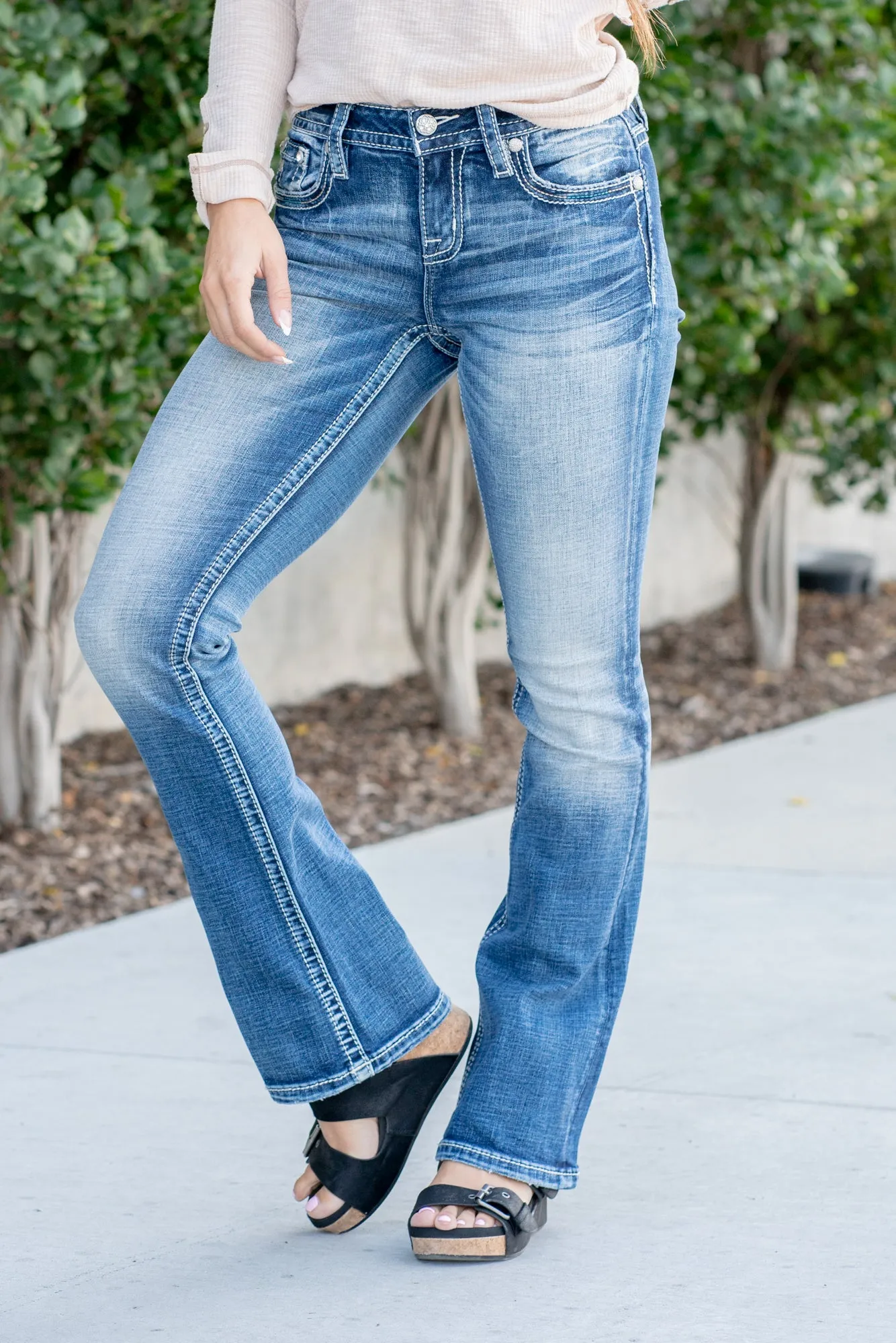 Blue Aztec Embellished X Stitched Mid Rise Chloe Boot Cut