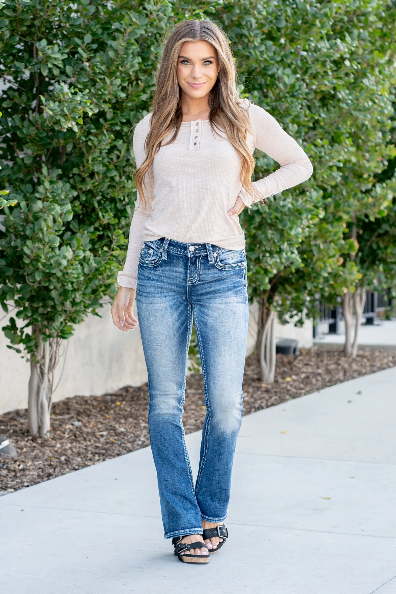 Blue Aztec Embellished X Stitched Mid Rise Chloe Boot Cut