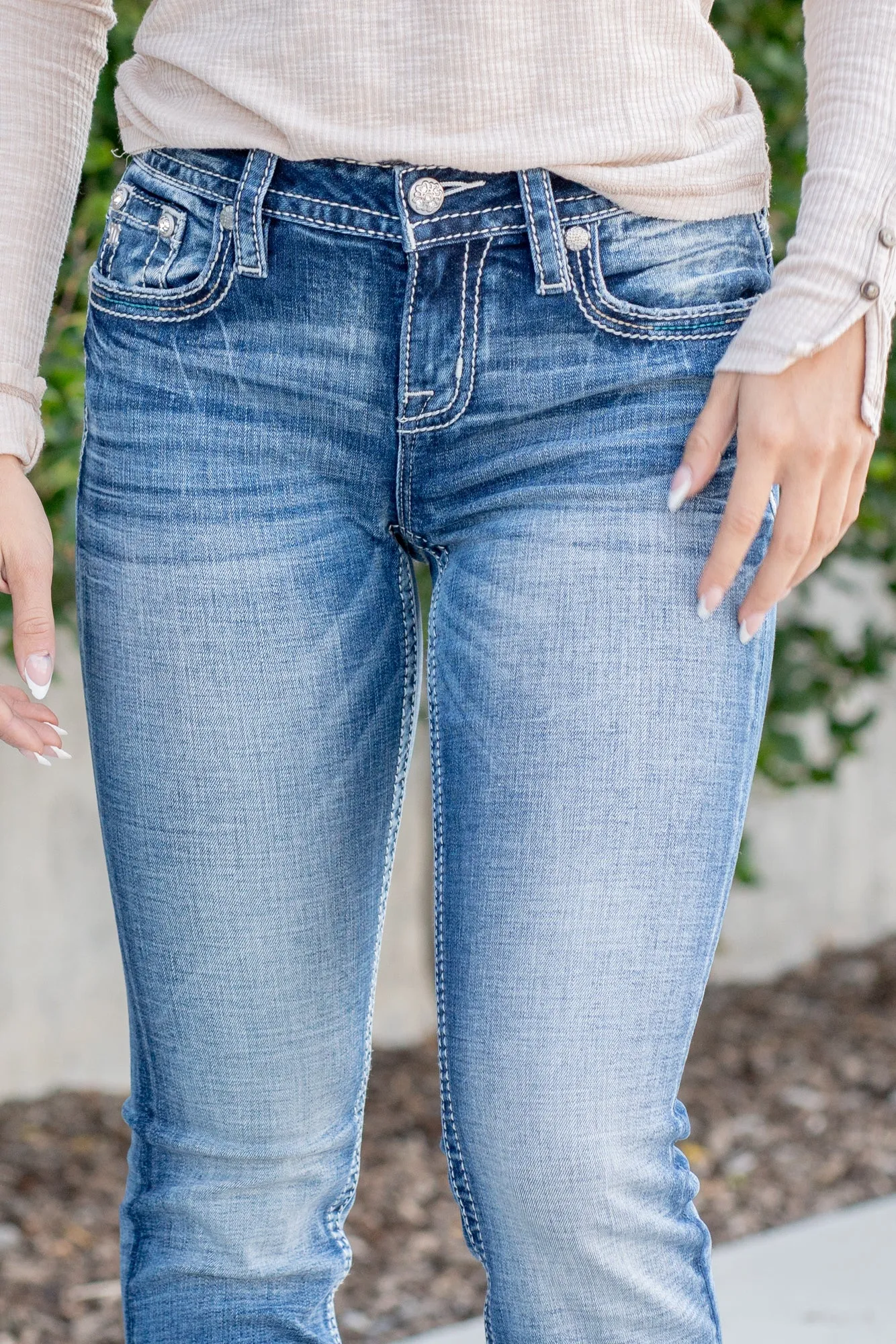 Blue Aztec Embellished X Stitched Mid Rise Chloe Boot Cut