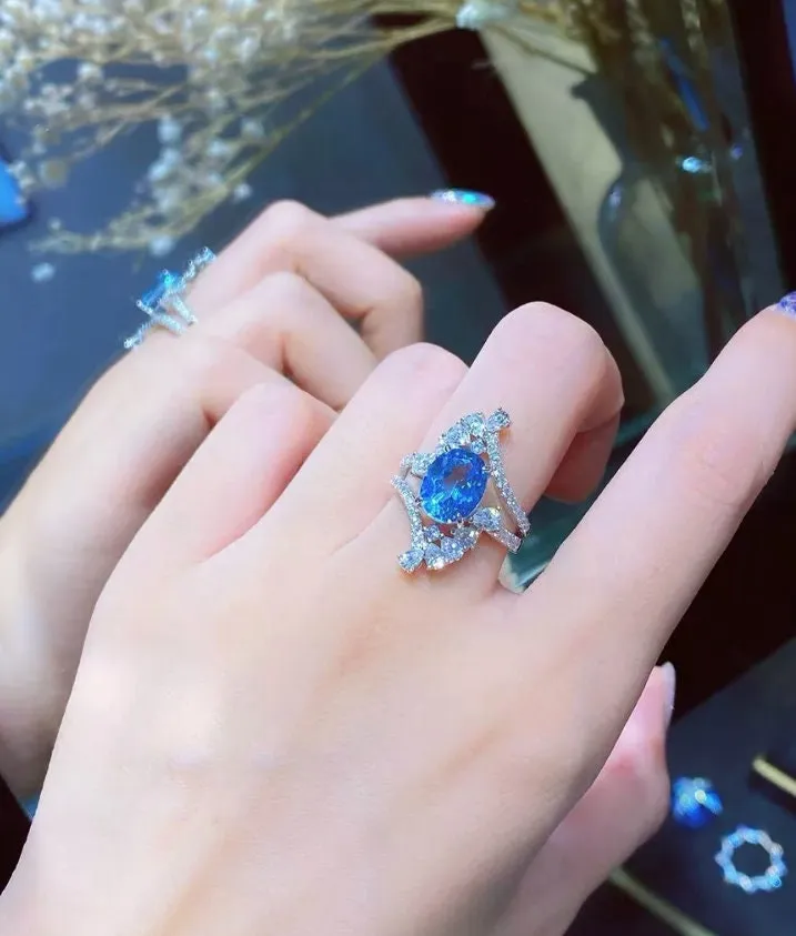 Blue Diamond Engagement Ring | Oval Wedding Ring | Womens Blue Diamond Ring | Womens Statement Ring | Womens Round Diamond Ring