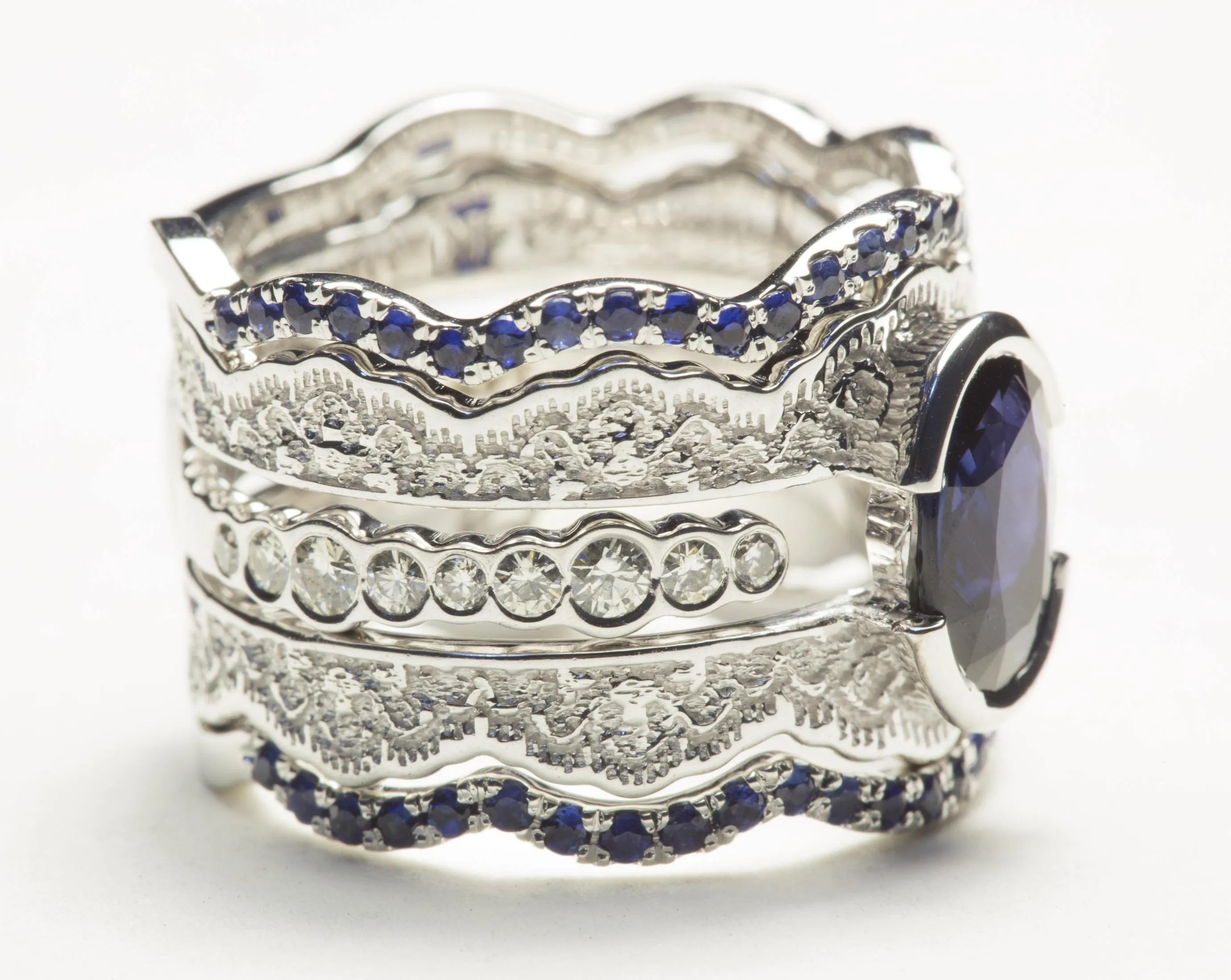 Blue Sapphire and Diamond Lace Engagement Ring Set
