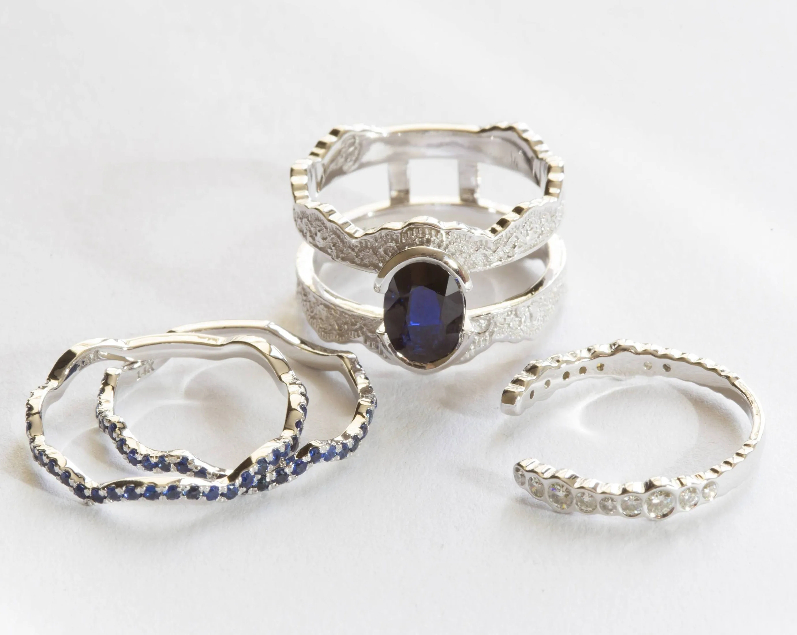 Blue Sapphire and Diamond Lace Engagement Ring Set
