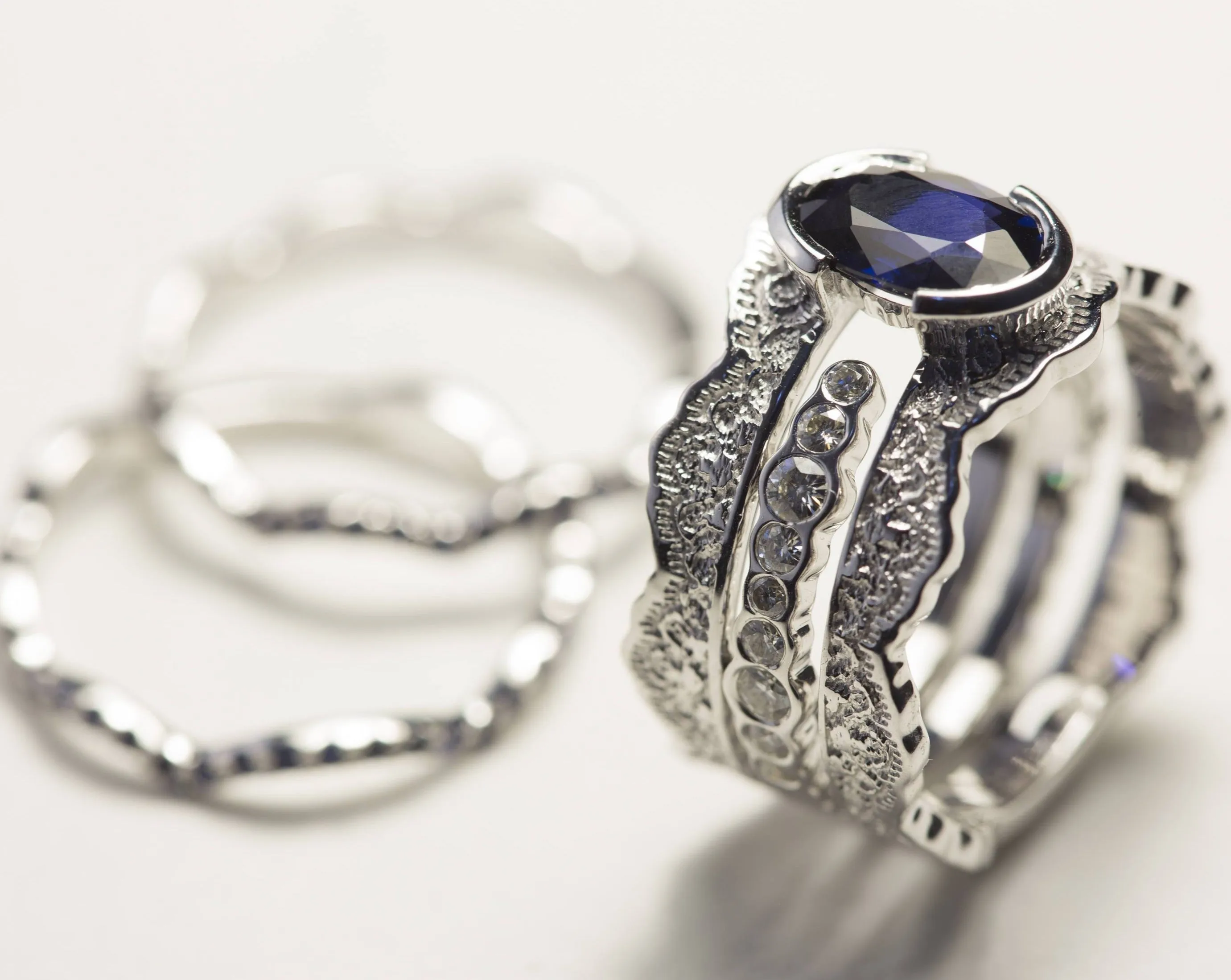 Blue Sapphire and Diamond Lace Engagement Ring Set