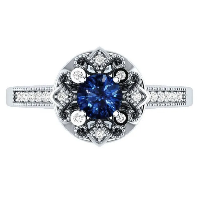 Blue Sapphire Flower Ring Silver Women Jewelry Engagement