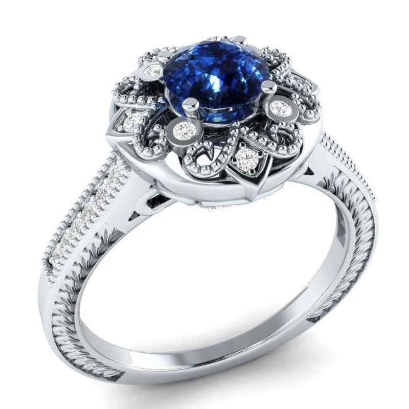 Blue Sapphire Flower Ring Silver Women Jewelry Engagement