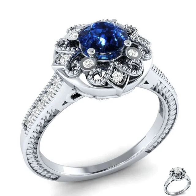 Blue Sapphire Flower Ring Silver Women Jewelry Engagement