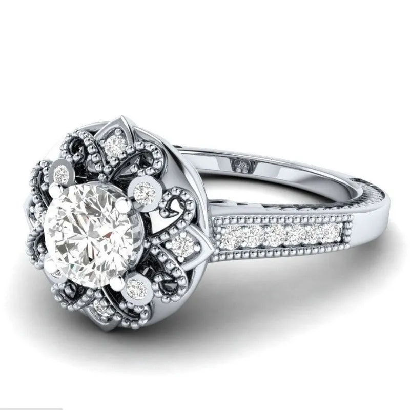 Blue Sapphire Flower Ring Silver Women Jewelry Engagement