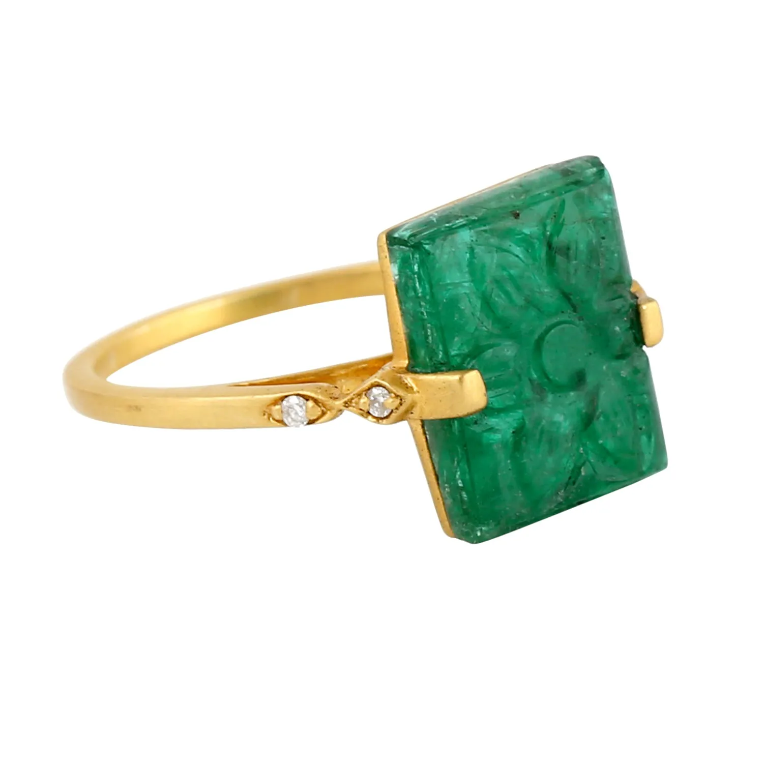 Carved Emerald Pave Diamond Beautiful Ring in 18k Solid Yellow Gold For Her
