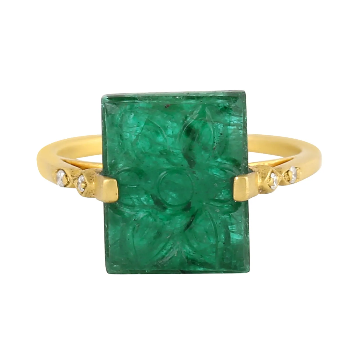 Carved Emerald Pave Diamond Beautiful Ring in 18k Solid Yellow Gold For Her