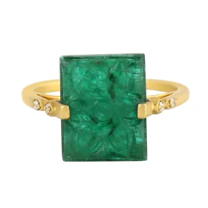 Carved Emerald Pave Diamond Beautiful Ring in 18k Solid Yellow Gold For Her