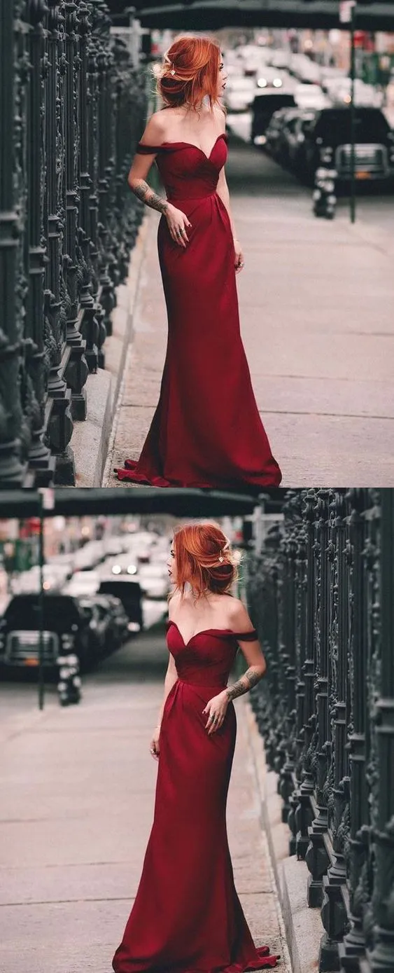 Charming Mermaid Off the Shoulder Burgundy Long Prom Dresses, PD0956