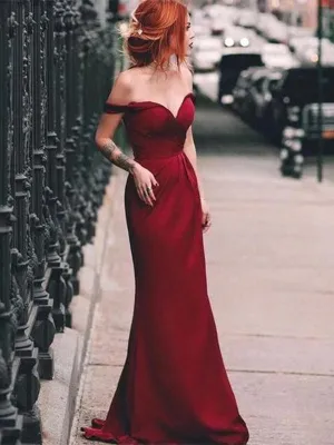Charming Mermaid Off the Shoulder Burgundy Long Prom Dresses, PD0956