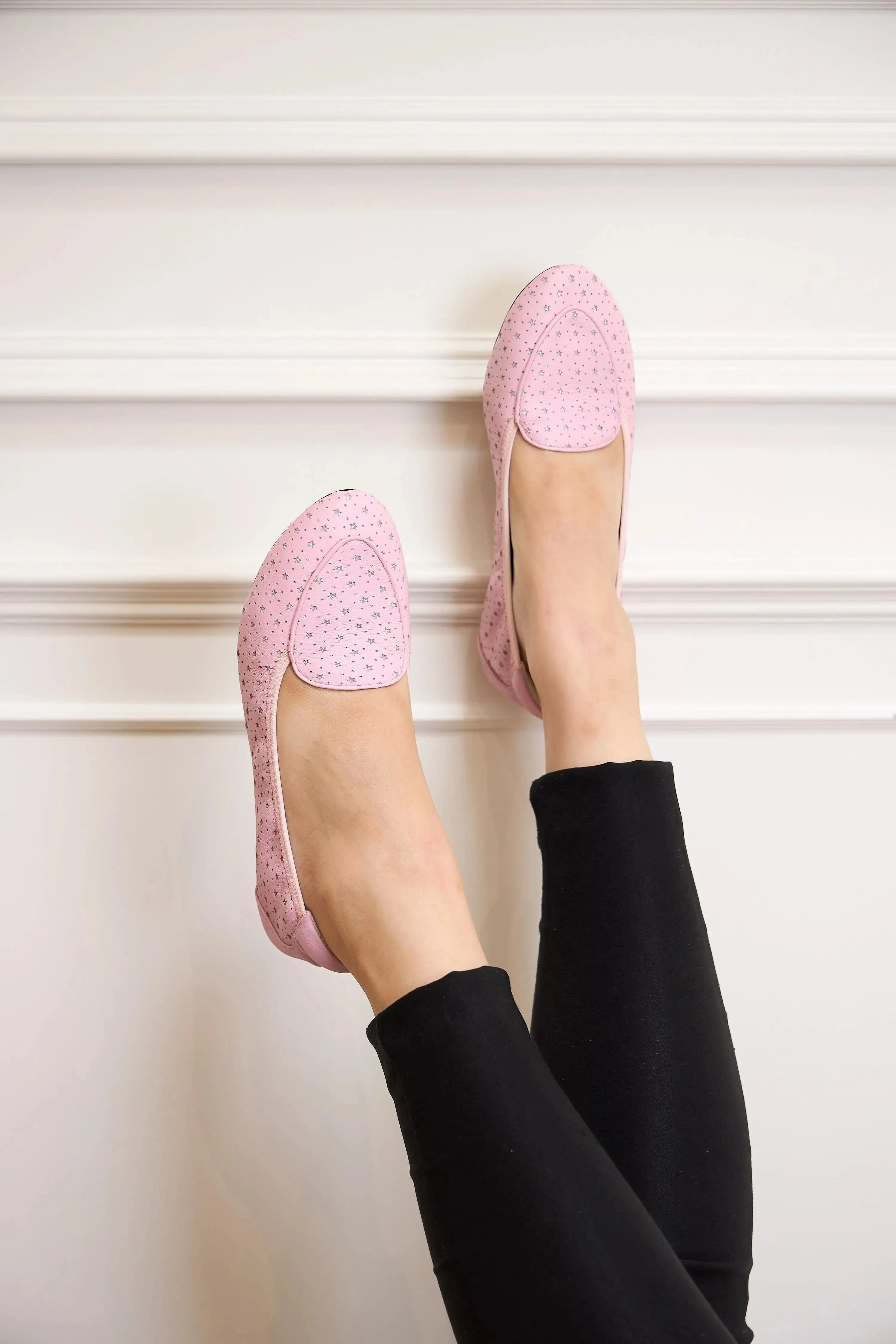 Clapham - Pink Leather Flats with Silver Stars