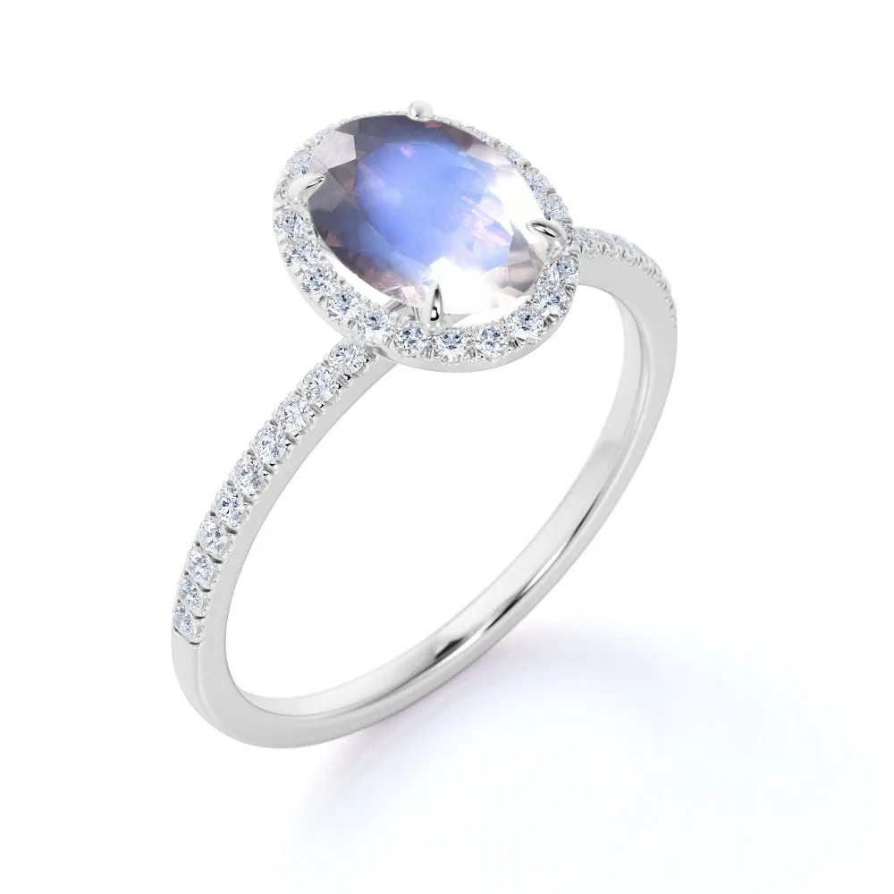 Classic 1.5 carat oval cut Moonstone Halo Wedding Engagement Ring with Diamonds on Sale