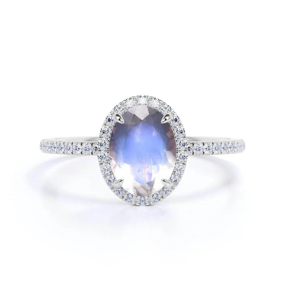 Classic 1.5 carat oval cut Moonstone Halo Wedding Engagement Ring with Diamonds on Sale