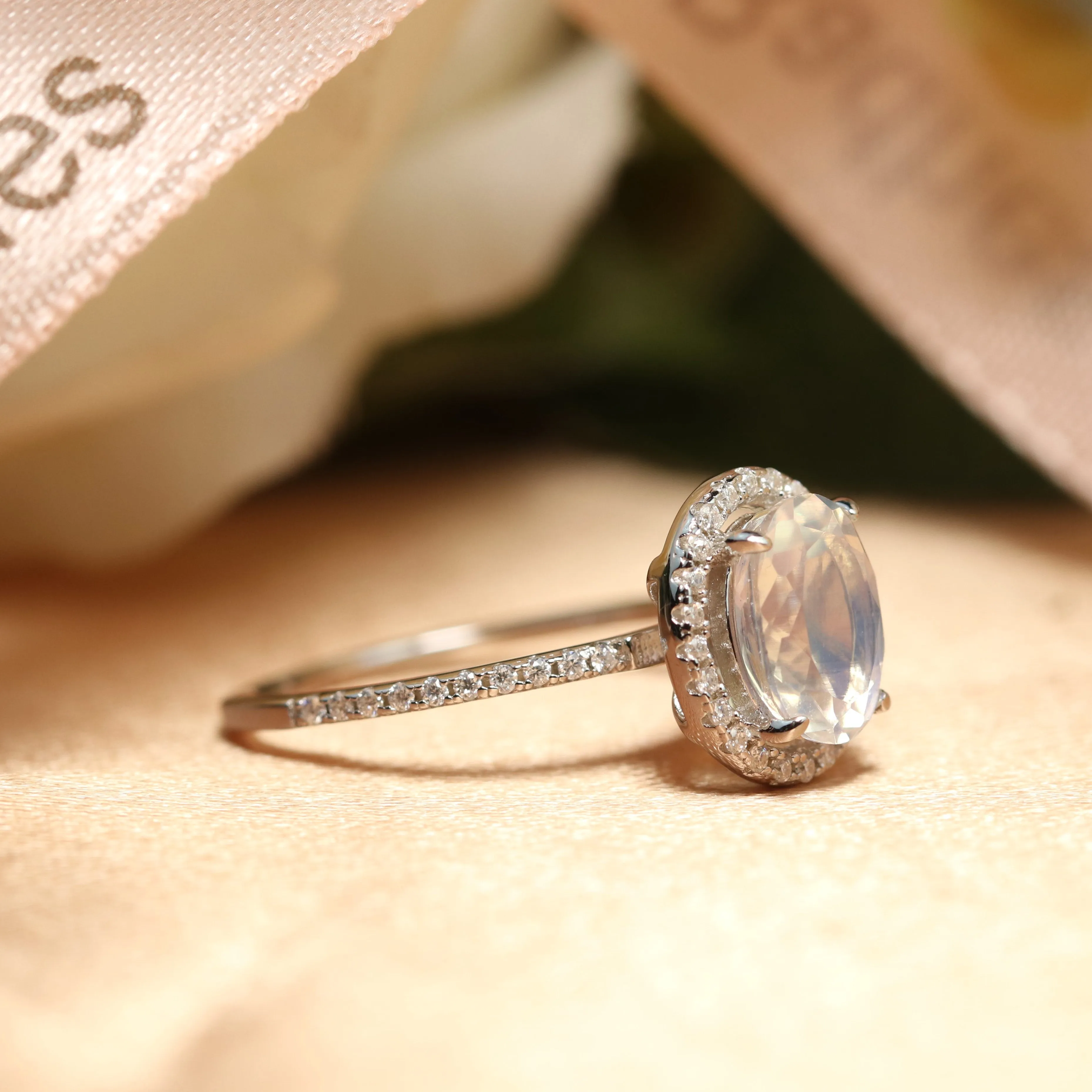 Classic 1.5 carat oval cut Moonstone Halo Wedding Engagement Ring with Diamonds on Sale