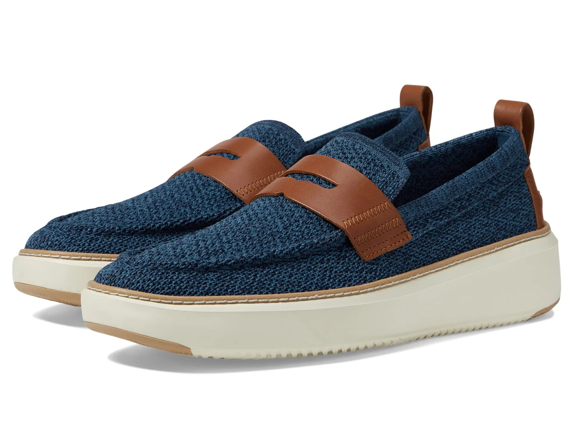 Cole Haan Grandpro Topspin Stitchlite Penny Loafers for Men - Removable Man-Made Insole - Cap Toe Ensign Blue/Marine Blue/British Tan/Ivory 10.5 D - Medium