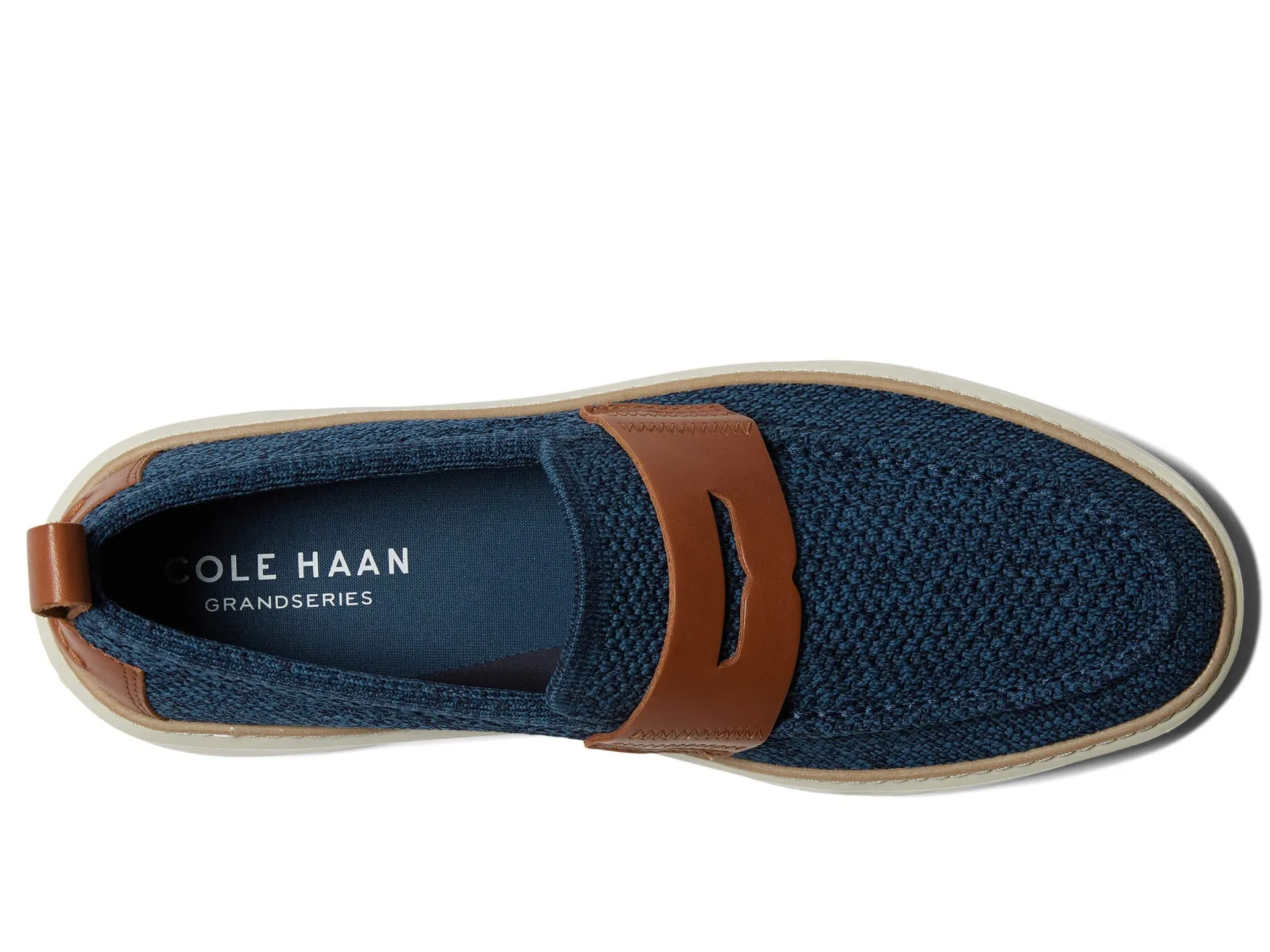Cole Haan Grandpro Topspin Stitchlite Penny Loafers for Men - Removable Man-Made Insole - Cap Toe Ensign Blue/Marine Blue/British Tan/Ivory 10.5 D - Medium