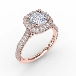 Cushion-Shaped Waterfall Halo Engagement Ring With Pavé Band