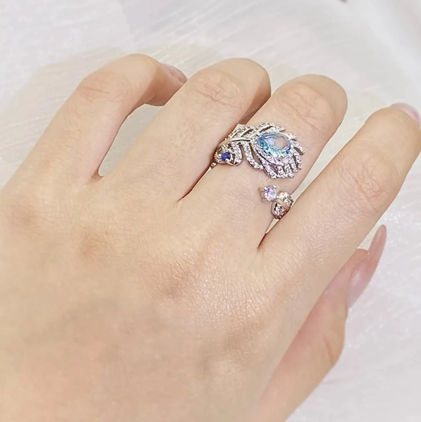 Diamond Feather Ring | Blue Diamond Ring | Womens Statement Ring |  Aquamarine Engagement Ring | Blue Diamond Ring | Womens Feather Ring